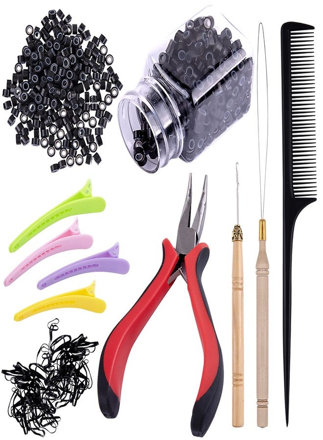 Duufin Hair Extensions Kit 500 Pcs Black Micro Ring Beads 1 Hair Extension Plier 2 Hook Needle Pulling Loop 4 Plastic Alligator Hair Clips 1 Comb and 2 Bags Black Mini Rubber Hair Elastic - Image 1